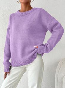 EURMUSE Women's Solid Color Drop Shoulder Sweater - Purple - View 4