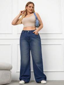 RueChic 100%Cotton Plus Size Belt Details Wide Leg Jeans