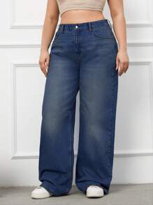 RueChic 100%Cotton Plus Size Belt Details Wide Leg Jeans