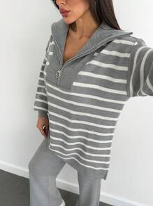 EURMUSE 2pcs Women Striped Print Long Sleeve Pullover Sweater And Solid Color Pants Set - Grey - View 6