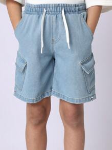 SUMWON Shorts in denim con coulisse di stile atletico, casual estivo con tasche laterali cargo, medio-coscia, in morbida misto cotone, per giovani e adolescenti - celeste - Visualizzare 6