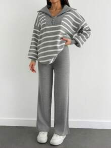 EURMUSE 2pcs Women Striped Print Long Sleeve Pullover Sweater And Solid Color Pants Set - Grey - View 5