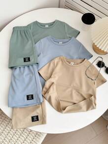 6pcs/Set Kids Summer Clothes Young Boy Comfortable Casual Metal Necklace Decor Round Neck Short Sleeve T-Shirt Top, Shorts 2pcs Set, High Cost-Effective Multi-Piece Outfit Suitable For Outdoor Play, Street Photography, Party, Home Leisure - Dusty Blue - View 5