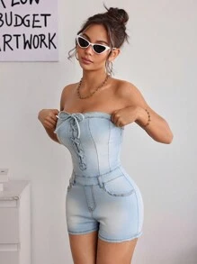 SHEIN EZwear Women's Denim Tie-Up Pockets Casual Camisole Jumpsuit - Blue - View 5