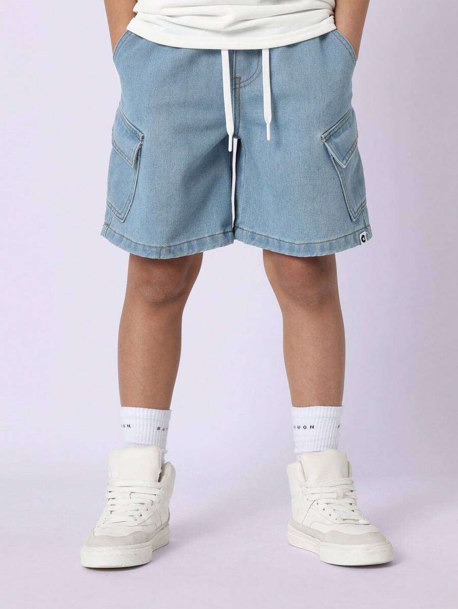 SUMWON Shorts in denim con coulisse di stile atletico, casual estivo con tasche laterali cargo, medio-coscia, in morbida misto cotone, per giovani e adolescenti - celeste - Visualizzare 1