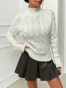 EURMUSE Elegant Mock Turtle Neck Cable Knit Brushed Yarn Button Detail On The Back Cozy Sweater - Apricot - View 5