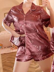 Plus Size Letter Heart Print Short Sleeve Shirt & Shorts Satin Pajama Set
