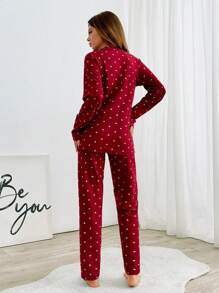 RueChic 2pcs Women Suede Front Button With Contast Colour Heart Printed Homewear PJ Set - Red - View 2