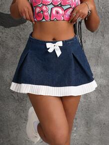 SHEIN EZwear Women's Casual Blue Denim Mini Skirt With Pleated White Trim And Bow Detail - Blue - View 1