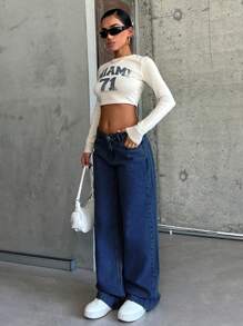 SHEIN Cottnline 100% Cotton LOW RISE WIDELEG CUT LIGHT BLUE WOMEN JEAN - Dark Wash - View 4