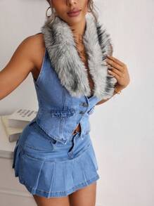 SHEIN EZwear 女士拼布人造毛皮单排扣休闲牛仔背心 - 藍色 - 查看 1
