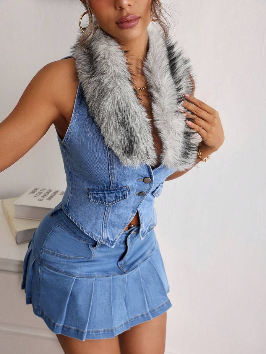 SHEIN EZwear 女士拼布人造毛皮单排扣休闲牛仔背心 - 藍色 - 查看 1