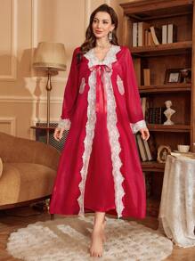 Conjunto de camisón de seda sintética con encaje de contraste y bata de gasa - Rojo - Ver 1