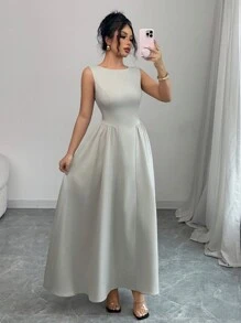 Elenzga Women's Elegant Minimalist Off Shoulder Sleeveless Ruched Side A-Line Dress Suitable For Casual, Commute, Vacation, Spring/Summer - Apricot - View 7