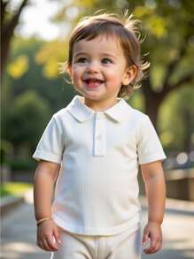 SHEIN 男宝宝短袖2025新款提花面料Polo领纯色夏季休闲舒适半襟T恤