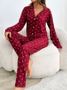 RueChic 2pcs Women Suede Front Button With Contast Colour Heart Printed Homewear PJ Set - Red - View 5