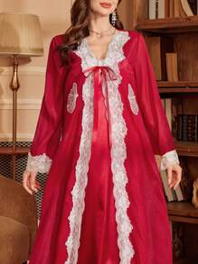 Conjunto de camisón de seda sintética con encaje de contraste y bata de gasa - Rojo - Ver 2