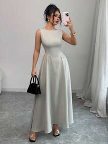 Elenzga Women's Elegant Minimalist Off Shoulder Sleeveless Ruched Side A-Line Dress Suitable For Casual, Commute, Vacation, Spring/Summer - Apricot - View 3