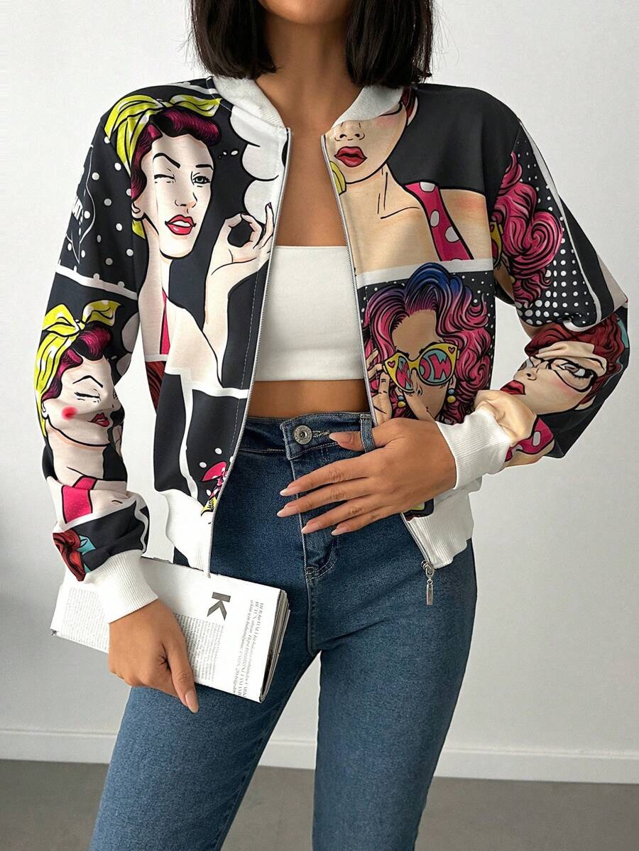 SHEIN Cottnline 女士卡通人物长袖休闲棒球夹克 - 灰色 - 查看 1