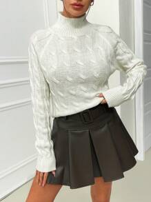 EURMUSE Elegant Mock Turtle Neck Cable Knit Brushed Yarn Button Detail On The Back Cozy Sweater - Apricot - View 7