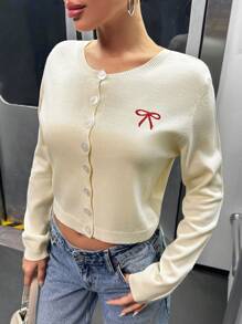EURMUSE "Butter Yellow Regular Fit Knit Cardigan With Red Bow Detail And Button Closure - Beige - View 6