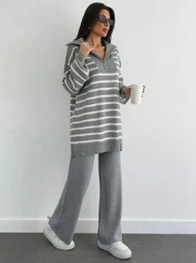 EURMUSE 2pcs Women Striped Print Long Sleeve Pullover Sweater And Solid Color Pants Set - Grey - View 4