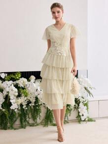 MOTF PREMIUM ELEGANT V-NECK POLKA DOT PRINT 3D FLORAL DECOR MAXI SKIRT - Apricot - View 5