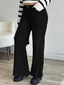 EURMUSE HIGH RISE FRAYED HEM STRAIGHT VUT PLUS SIZE JEAN - Black - View 1