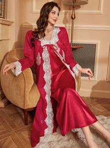 Conjunto de camisón de seda sintética con encaje de contraste y bata de gasa - Rojo - Ver 3