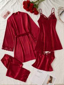 SilkySpell Women's Elegant Embroidered Lace Cami Top & Sleep Dress & Pants & Sleepwear Belted Robe Multi Pieces Set, Fall Winter Clothes - Burgundy - View 2
