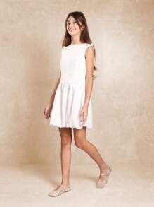 SUMWON 夏季英式刺绣泡泡下摆连衣裙，肩部饰有蝴蝶结，适合特殊场合女孩派对节日复活节太阳裙 - 白色 - 查看 1