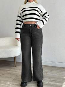 EURMUSE HIGH RISE FRAYED HEM STRAIGHT VUT PLUS SIZE JEAN - Dark Grey - View 6