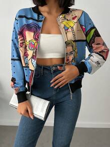 RueChic Women Casual Cartoon Character Long Sleeve Baseball Jacket - Blue - View 1