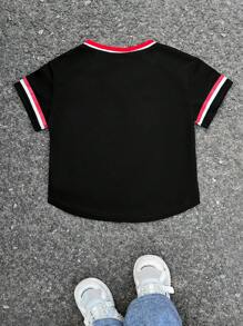 Kids Summer Short Sleeve V-Neck T-Shirt With Chicago Text Graphic, Casual Sports Style Suitable For Outdoor Activities, Sports, Street Photography