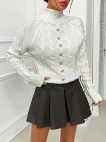 EURMUSE Elegant Mock Turtle Neck Cable Knit Brushed Yarn Button Detail On The Back Cozy Sweater - Apricot - View 3