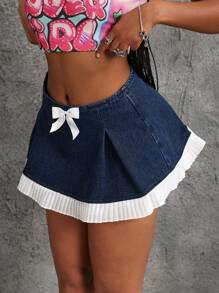 SHEIN EZwear Women's Casual Blue Denim Mini Skirt With Pleated White Trim And Bow Detail - Blue - View 3