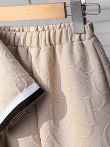 SHEIN 2pcs/Set Young Boys Casual Street Style Polo Collar Contrast Trim Zipper Pullover Top And Shorts Knit Sweater Suit - Khaki - View 5