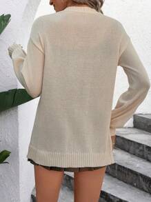 SHEIN LUNE Women's Apricot V-Neck Button Up Lantern Sleeve Casual Pullover Sweater - Apricot - View 2