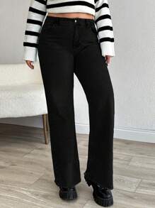 EURMUSE HIGH RISE FRAYED HEM STRAIGHT VUT PLUS SIZE JEAN - Black - View 4