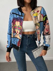 RueChic Women Casual Cartoon Character Long Sleeve Baseball Jacket - Blue - View 5