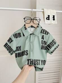 SHEIN Leap Crew 1pc Young Boys Casual Letter Pattern Turndown Collar Open Front Loose Woven Short Sleeve Shirt - Mint Green - View 3
