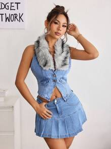 SHEIN EZwear 女士拼布人造毛皮单排扣休闲牛仔背心 - 藍色 - 查看 6