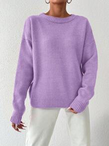 EURMUSE Women's Solid Color Drop Shoulder Sweater - Purple - View 3