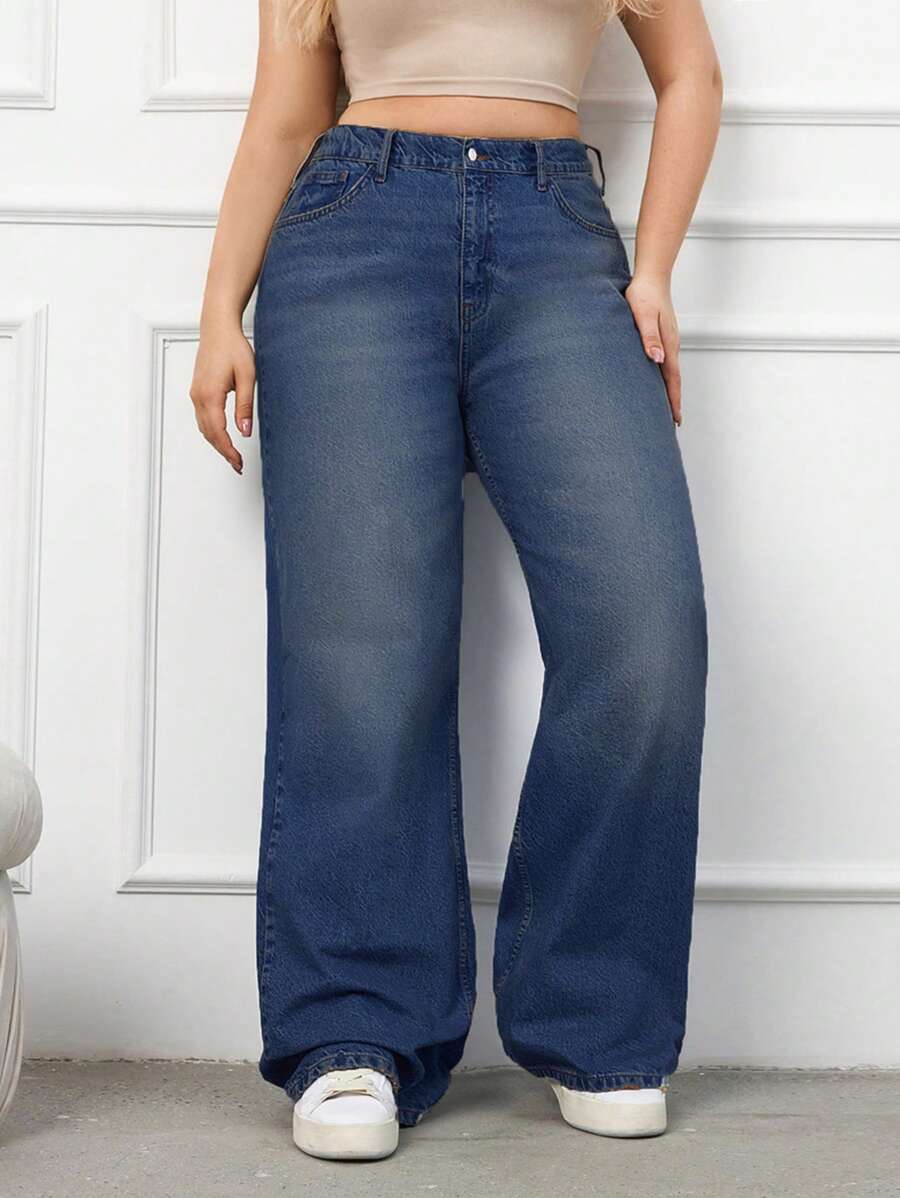 RueChic 100%Cotton Plus Size Belt Details Wide Leg Jeans