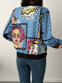 RueChic Women Casual Cartoon Character Long Sleeve Baseball Jacket - Blue - View 2