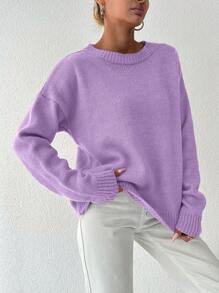 EURMUSE Women's Solid Color Drop Shoulder Sweater - Purple - View 5