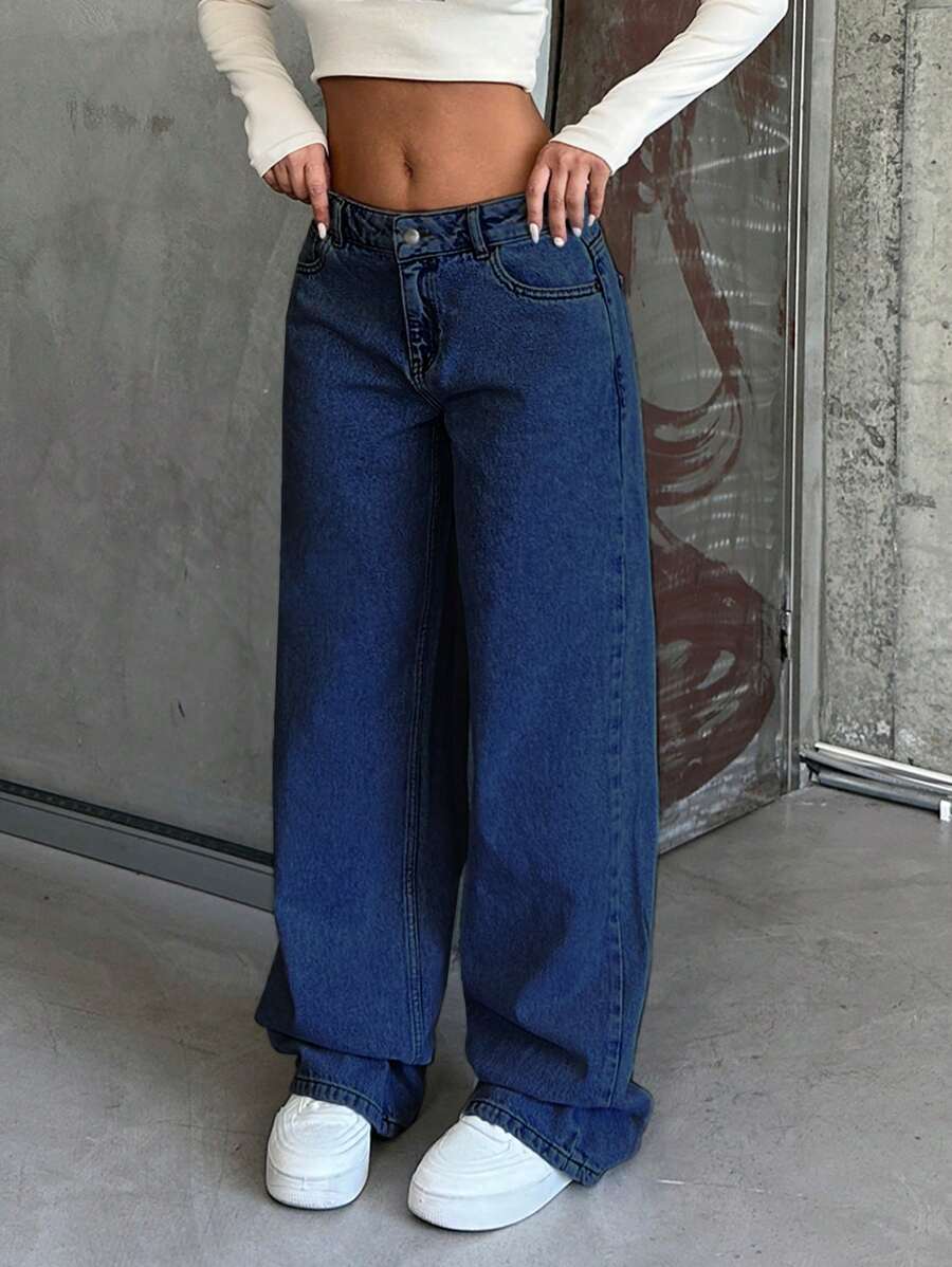 SHEIN Cottnline 100% Cotton LOW RISE WIDELEG CUT LIGHT BLUE WOMEN JEAN - Dark Wash - View 1
