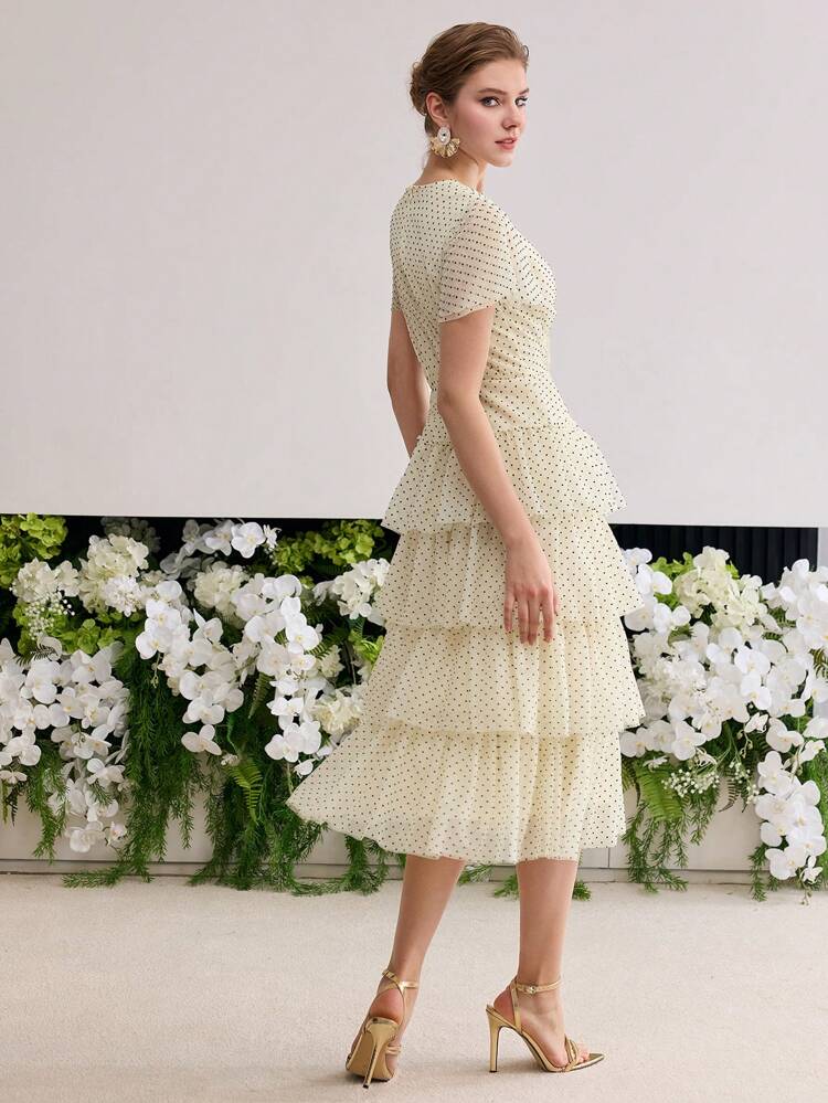 ELEGANT V-NECK POLKA DOT PRINT 3D FLORAL DECOR MAXI SKIRT