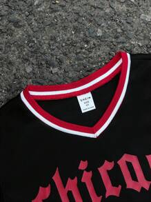 Kids Summer Short Sleeve V-Neck T-Shirt With Chicago Text Graphic, Casual Sports Style Suitable For Outdoor Activities, Sports, Street Photography
