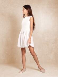 SUMWON 夏季英式刺绣泡泡下摆连衣裙，肩部饰有蝴蝶结，适合特殊场合女孩派对节日复活节太阳裙 - 白色 - 查看 5